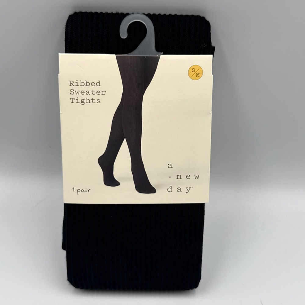 A New Day Women Black Ribbed Sweater Tights S/M Opaque Rayon Blend Stretch